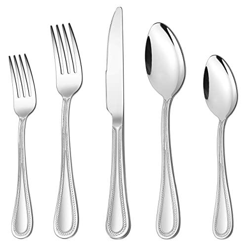 60-Piece Silverware Set, HaWare Stainless Steel Flatware Service for 12, Pearled Edge Tableware Cutlery Include Knife/Fork/Spoon, Beading Eating Utensil for Home, Mirror Polished, Dishwasher Safe