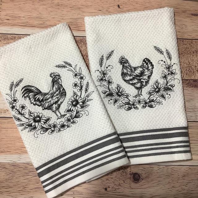 Embroidered Kitchen Towel Set - 2 Pc. Rooster And Hen Towel - Farmhouse Kitchen Decor - Chicken Dishtowel