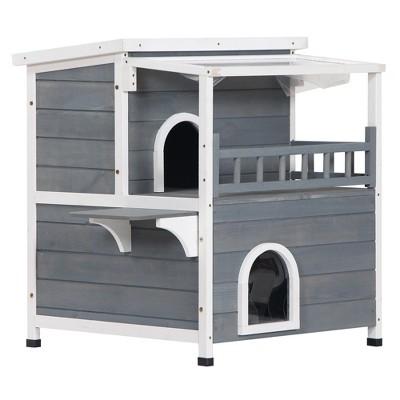 PawHut 2-Story Wooden Feral Cat House Kitten Shelter with Transparent PVC Canopy, Balcony, Escape Door and Openable Asphalt Roof for Outdoor, Grey