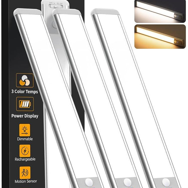 Under Cabinet Lighting Wireless, Rechargeable Motion Sensor Light Indoor, 3 Color Dimmable Closet Light Battery Operated with LED Power Display, Magnetic Under Counter Lights for Kitchen, Home (3Pack)
