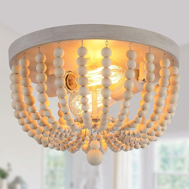 Q&S Boho Chandelier Wood Beaded Flush Mount Ceiling Light Fixtures for Nursery Baby Bedroom Kitchen Hallway,Oak White Finish,2-Lights