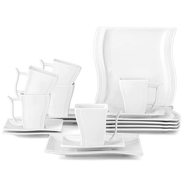 MALACASA Square Dinnerware Sets, 18-Piece Ivory White Espresso Cups with Saucers, Porcelain Coffee Set With 8.25'' Dessert Plates, 7 OZ Coffee Mugs and 5.5'' Saucers, Dish Set for 6, Series Flora