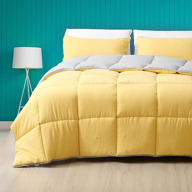 Cobnom Yellow/Gray Reversible Down Alternative Comforter King - 3-Piece Luxury Ultra-Soft Plush Cloud Breathable Microfiber Comforter Set, All Season Duvet Insert