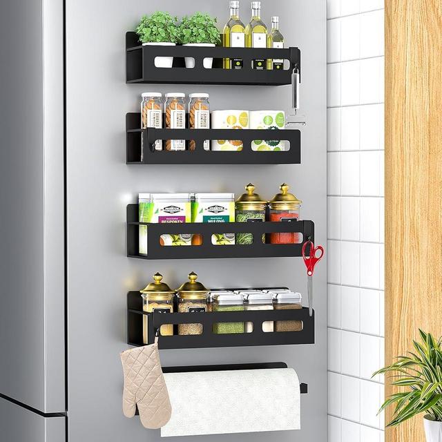 Mamajardin 5 Pack Magnetic Spice Rack for Refrigerator with Paper Towel Holde, Metal Spice Rack Organizers with 4 Moveable Hooks, Black Magnetic Shelf for Fridge Storage, Perfect Gifts