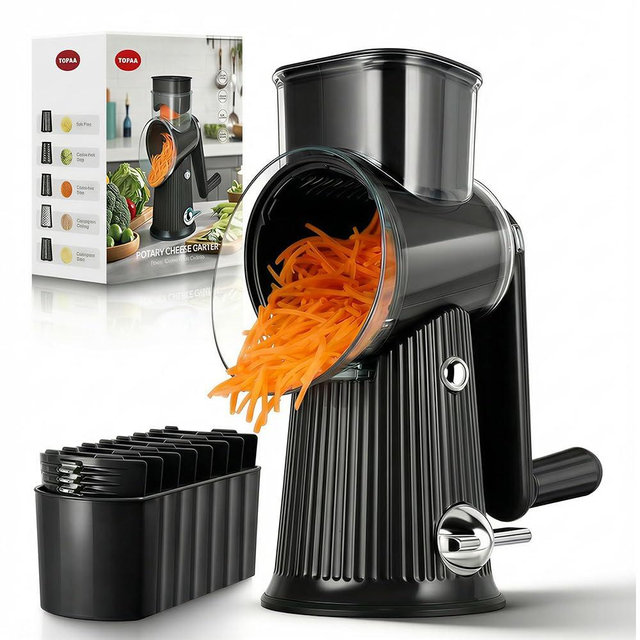 Rotary Cheese Grater with Handle - Vegetable Shredder with 5 Blades & Strong Suction Base, Round Slicer & Food Chopper for Kitchen (Black)