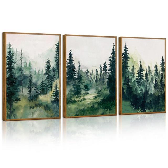 Tinonedraw Watercolor Forest Framed Canvas Wall Art Set, Modern Pine Tree Wall Painting, Nature Foggy Landscape Wall Decor, Misty Mountain Art Prints for Bedroom Living Room Farmhouse Office 16"x24"x3