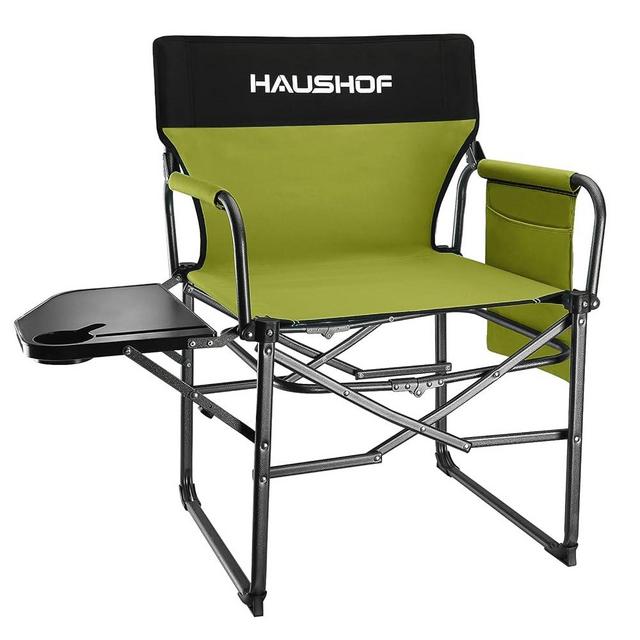 HAUSHOF Camping Chair with Side Table and Storage Pockets, Portable Folding Directors Chair, Heavy Duty Camp Chair for Adults Outdoor Fishing Beach, Green