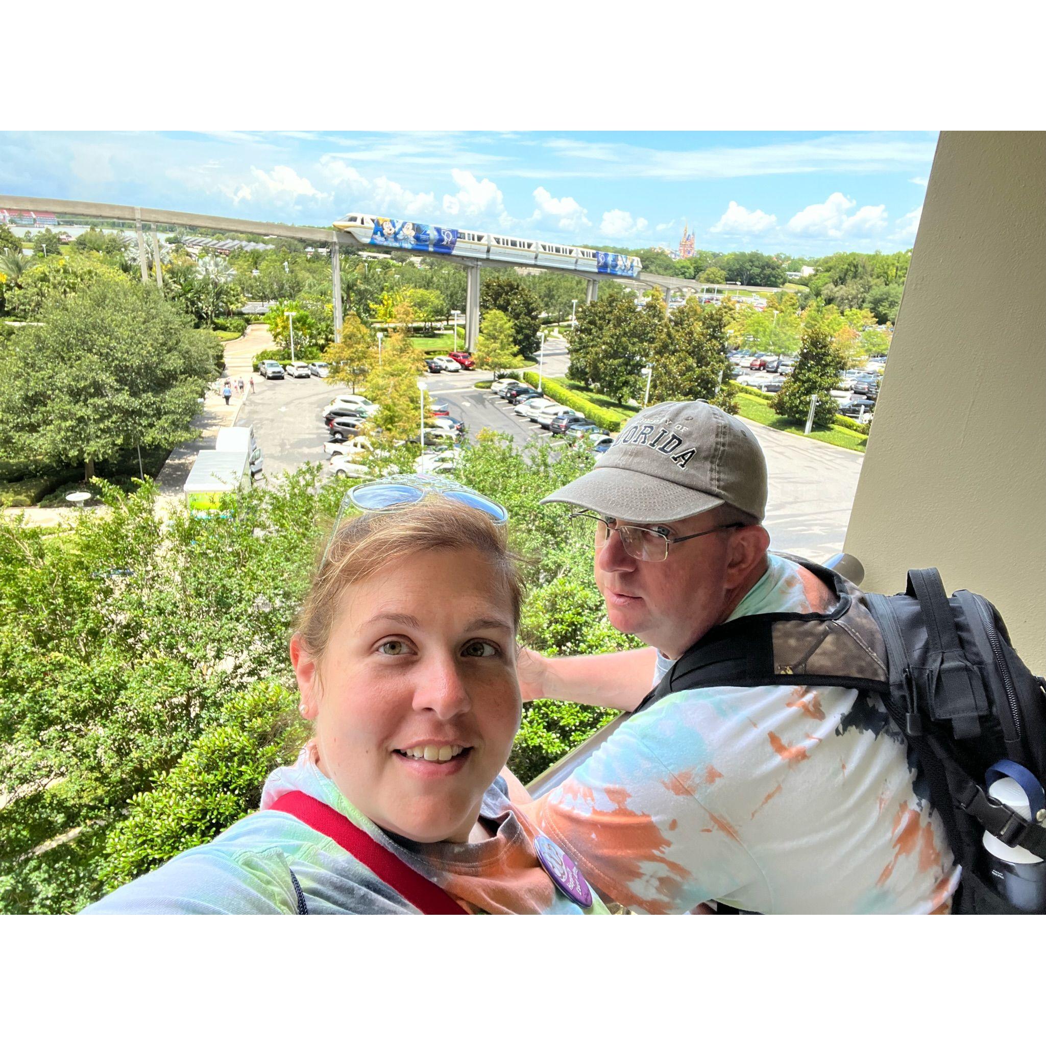 Monorail and Matching Disney Tie Dyed shirts. Disney World, family vacation June 2022.