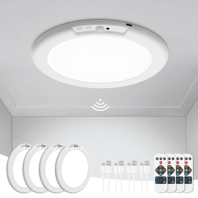 wowatt 4Pcs Battery Operated Ceiling Lights Rechargeable Motion Sensor Light Indoor Wireless Shower Light with Remote 3000K 4500K 6500K 7.48in Dimmable Timing Motion Activated Lamp for Closet Shower