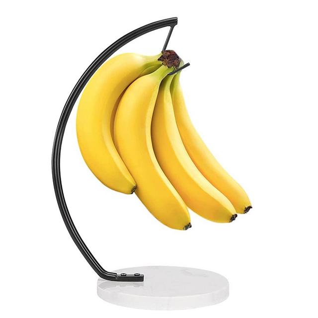 Livabber Banana Holder with Marble Base, Metal Banana Hanger Modern Tree Stand with Hook, Durable Banana Keeper Fresh Fruit Storage Organizer Freestanding for Home Kitchen Countertop (Black)