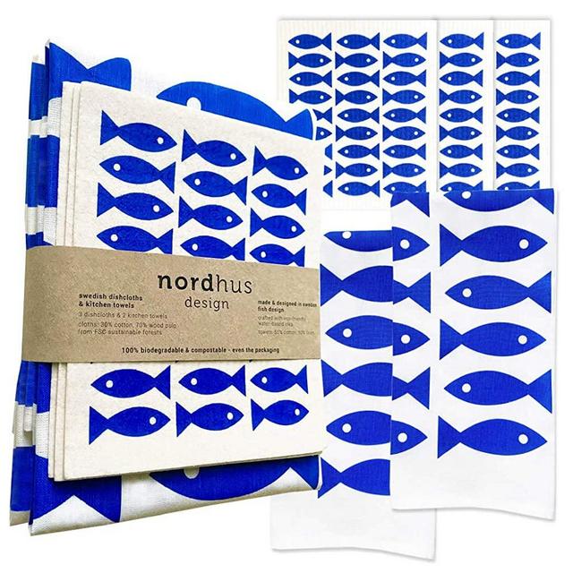 Nordhus Design Swedish Dish Towels and Dishcloths Set | Swedish Tea Towels & Swedish Dishcloths Set | Swedish Kitchen Towels & Swedish Dishcloths for Kitchen in Blue Fish Design