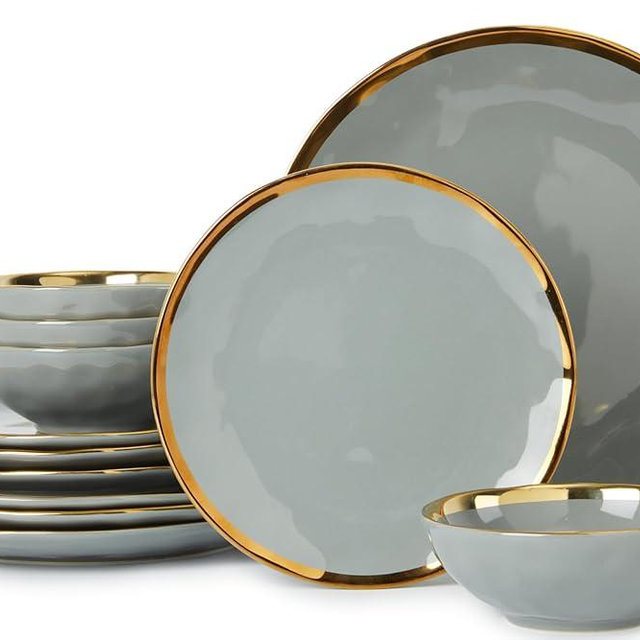 Pokini Ceramic Dinnerware Sets of 4, Porcelain Plates and Bowls Set, Highly Chip and Crack Resistant, Grey and Gold Rim Bone China Dishes Set Kitchen Decor, Dishwasher & Oven Safe