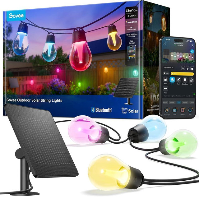 Govee Outdoor Solar String Lights 33ft, RGBICW Outdoor Lights with 8 Dimmable LED Shatterproof Bulbs, 112 Modes & APP Control, IP67 Waterproof Patio Lights for Garden, Backyard, Camping (Bluetooth)