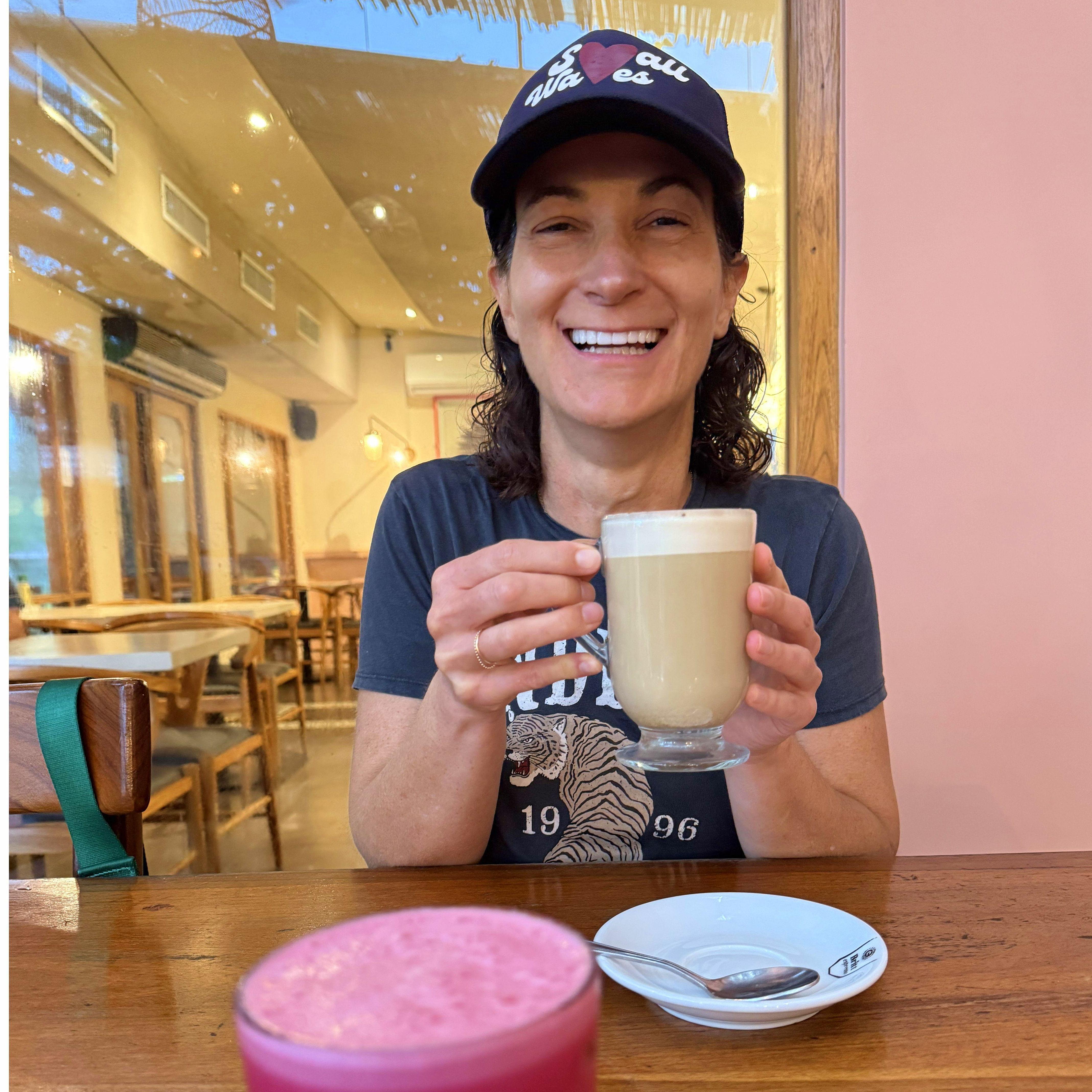 Morning magic in Santa Teresa—latte in hand, joy on full display. ☕️