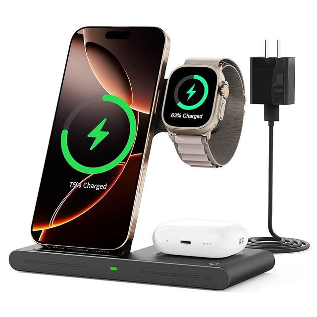 RYND 2025 Wireless Charger for iPhone Charging Station,3 in 1 Fast Max Charging for iPhone 16 15 14 13 12 Pro Max Plus,Charger Stand for Apple Watch Series & Air pods 4 3 2 Pro,Android Samsung Series