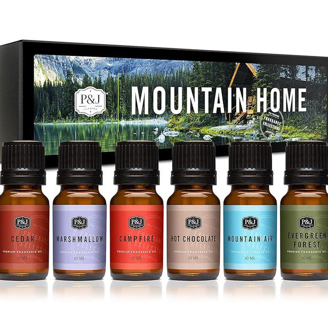 P&J Fragrance Oil Mountain Home Set | Cedar, Marshmallow, Campfire, Hot Chocolate, Mountain Air, Evergreen Forest Candle Scents for Candle Making, Freshie Scents, Soap Making Supplies