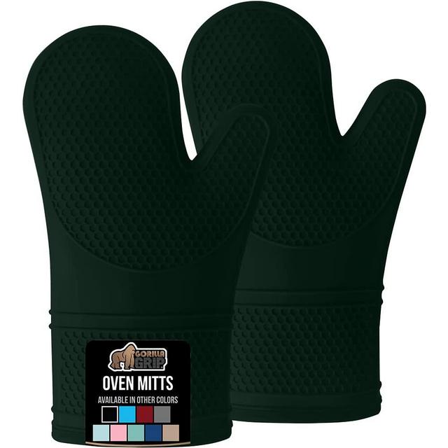 Gorilla Grip Heat Resistant Silicone Oven Mitts Set, Soft Quilted Lining, Extra Long, Waterproof Flexible Gloves for Cooking and BBQ, Kitchen Mitt Potholders, Easy Clean, Set of 2, Hunter Green