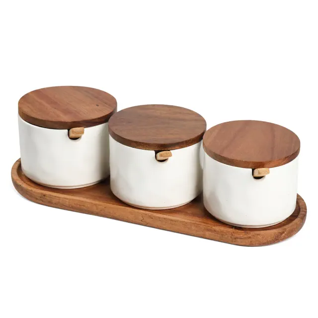 Garnen Wooden Tray Spice Jars Set, White Ceramic Spice Containers, Condiment Container with Lid, Decorative Ceramic Spice Jars Organizer with Spoon