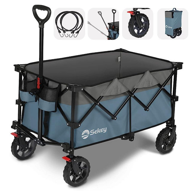 Sekey Collapsible Foldable Wagon with 220lbs Weight Capacity, Heavy Duty Folding Utility Garden Cart with Big All-Terrain Beach Wheels & Drink Holders.Blue&Grey