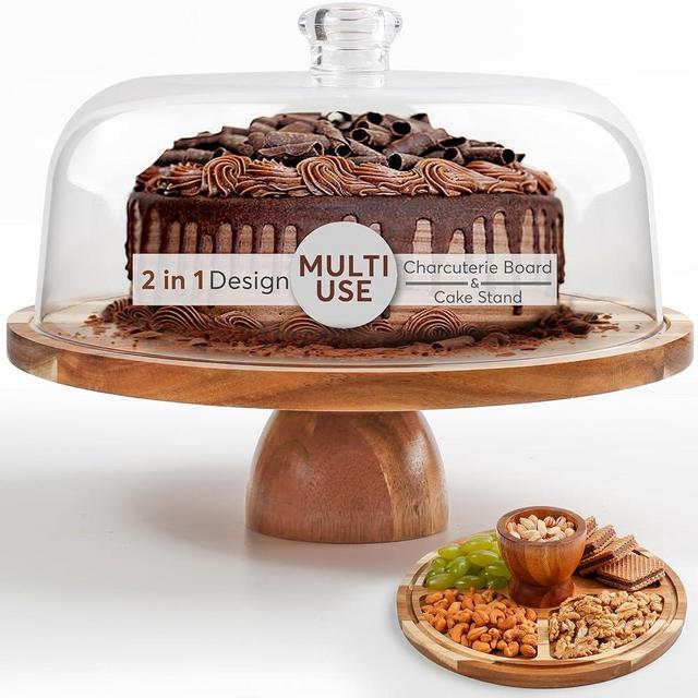 BreezyHome 2-in-1 Acacia Wood Cake Stand with Lid, Cake Stand with Dome Light Weight, Strudy & Well Polished, Cake Plate with Lid for Parties, Weddings, and Everyday Use, Cake Display Stand with Lid