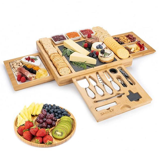 SMIRLY Bamboo Cheese Board and Knife Set - Extra Large Charcuterie Board Set, Wooden Cheese Board Set - Cheese Boards Charcuterie Boards, Extra Large Serving Board & Cheese Platter, Meat & Cheese Tray