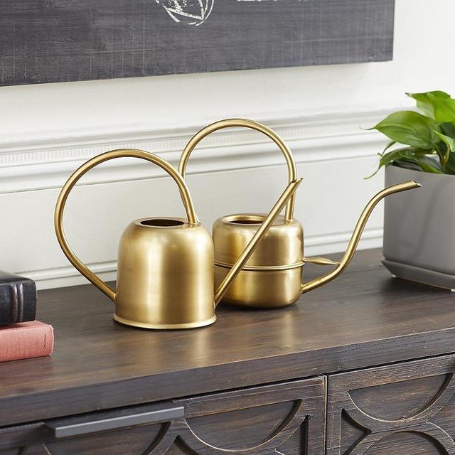 Deco 79 Metal Indoor Outdoor Planter Watering Can Small Planter Pot, Set of 2 Planters 7", 8"H, Gold