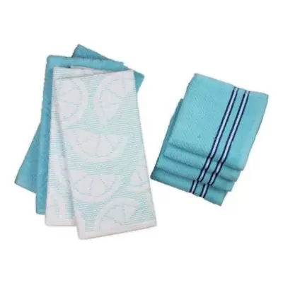 Freshee 8-Piece Solid/Sculpted Fruit/Stripe Kitchen Towel Set in Navy
