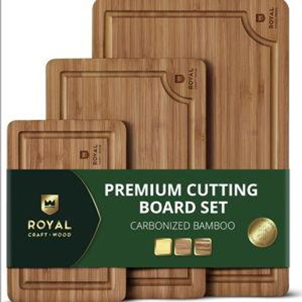 ROYAL CRAFT WOOD Wooden Cutting Boards for Kitchen Meal Prep & Serving - Non Toxic Bamboo Wood Cutting Board Set with Deep Juice Groove Side Handles - Charcuterie & Chopping Butcher Block for Meat