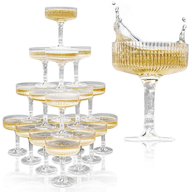 Ksestor Champagne Tower - 7oz. Set of 20 Champagne Tower Glasses - Acrylic Vintage Art Deco Style Glasses - Champagne Tower Stand - Plastic Coupe Glasses for Weddings & Parties