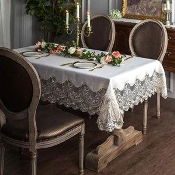 ARTABLE Lace Rectangular Tablecloths with Exquisite Macrame Border Clear Embroidered Kitchen Holidays Fabric Tablecloth (Beige, 60 x 120 Inch)
