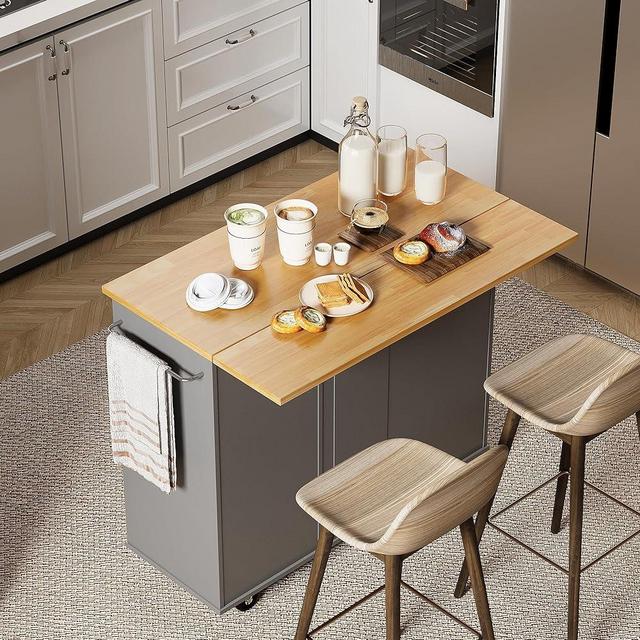 Shintenchi Rolling Kitchen Island Cart with Folding Drop Leaf Breakfast Bar, Portable Trolley Island with Large Storage Cabinet, Shelf and Drawer, Gray