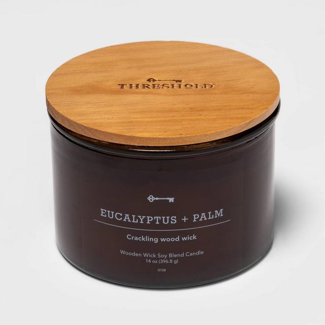 14oz Lidded Amber Glass Jar Crackling Wooden 3-Wick Eucalyptus and Palm Candle - Threshold™