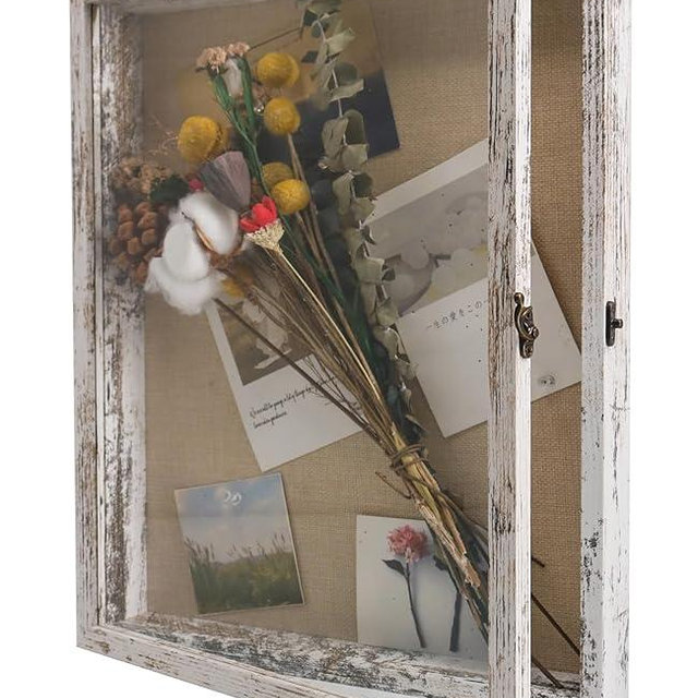 GraduatePro Shadow Box Frame 13X16 Display Case with Linen Back, Real Glass Window Door with Hinge, Picture Frame Wedding Bouquet Memorabilia Medals Photos Memory Box for Keepsakes Rustic White
