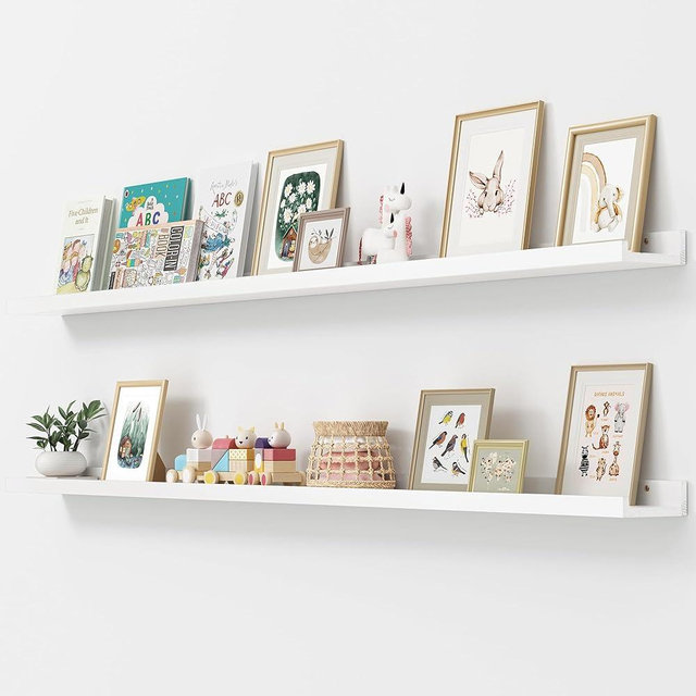 FLYJOE Picture Ledge Shelf, Floating Shelves Set of 2, Solid Pine Wood 72'' Long Large Nursery Book Shelves for Toys Storage, Kids Bookshelf for Living Room Bedroom Decor Books Photo Frames, White