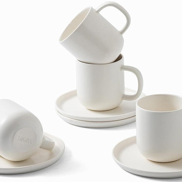 MIUFA Set of 4 Espresso Cups And Saucers In Stronger Porcelain 3.5oz,Mini Coffee Mugs Demitasse Cups
