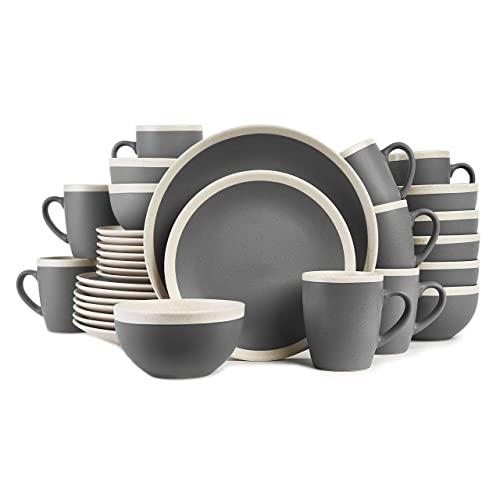 Stone Lain Stoneware Dinnerware Set, 32 Piece, Dark Gray and Cream