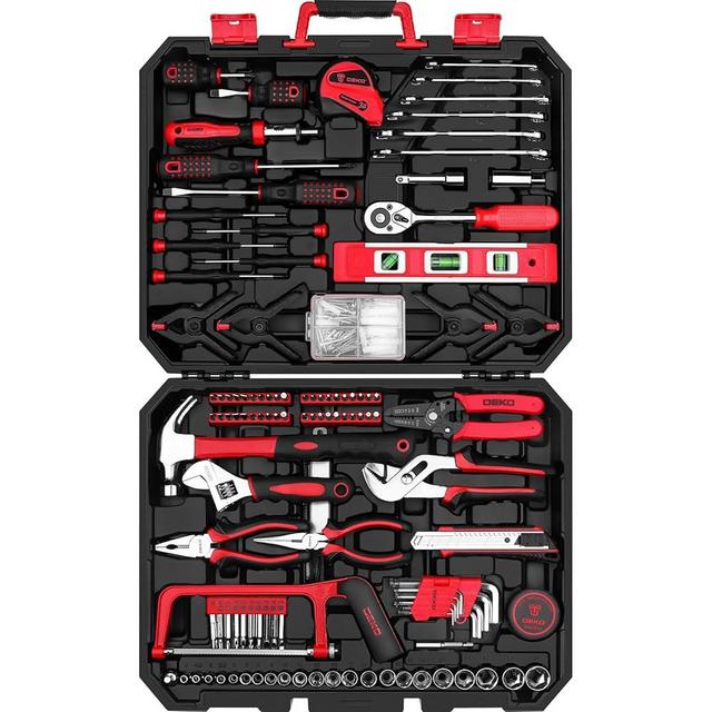 DEKOPRO Tool Set:228 Piece Home Tool Kit, Household Basic Repair Tool Set Comes with Plastic Storage Case, Socket Wrench Set for Car-Red