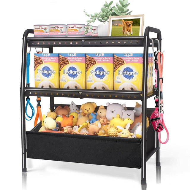 AxelHome Large Dog Toy Basket Metal with Dog Storage Organizer, Dogs Toys Bin Box with Collar Leash Holder Hook, Dogs Toys Holder Chest Pet Storage Cabinet for Living Room