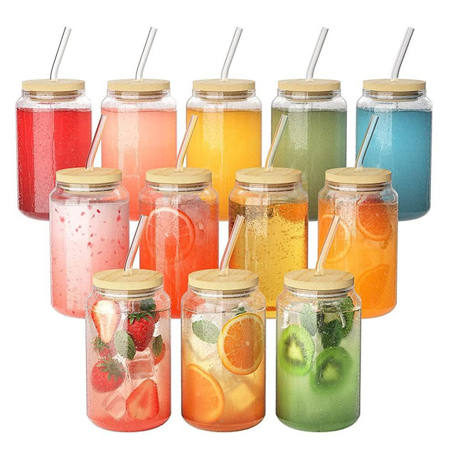 Glass Cups with Bamboo Lids and Glass Straws 12pcs Set-16oz Can Shaped Drinking Glasses, Beer Glasses, Iced Coffee Glasses, Cute Tumbler Cup, Ideal for Whiskey,Cocktail,Wine,Gift-2 Cleaning Brushes