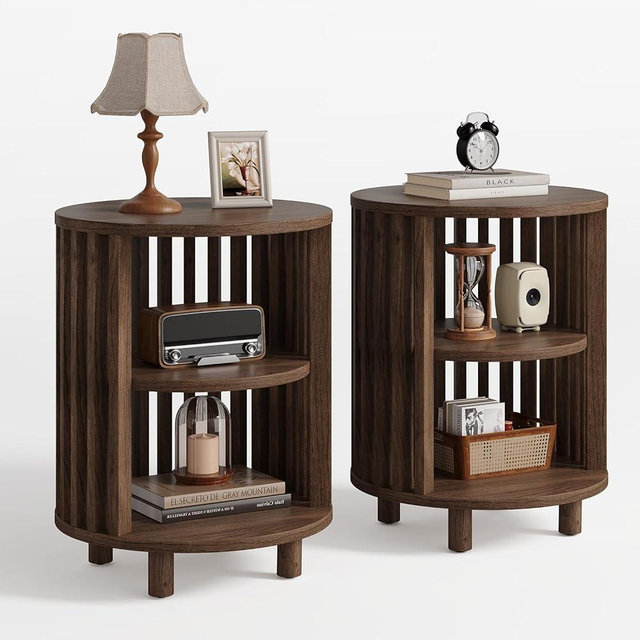 Round End Table, Wood Side Tables, Mid Century Modern Nightstand with 2 Tier Storage, Small Circle Bedside Table for Small Spaces, Living Room, Curved Profile Design, 19.7" Tall, Walnut (2-Pack)