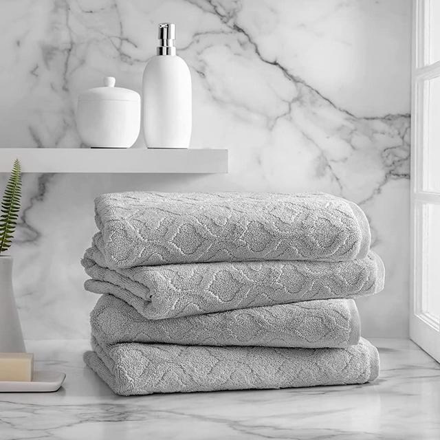 Welhome Athena Cotton Poly Luxurious 4 Piece Bath Towels | Silver | Textured | Highly Absorbent | Soft & Fluffy | 600 GSM | Machine Washable