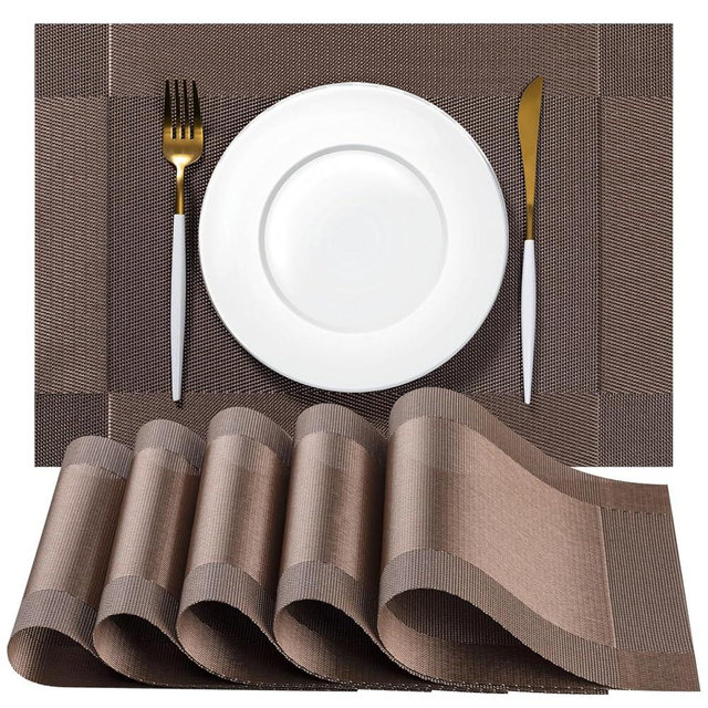 Placemats Set of 6 - Easy Clean Woven Vinyl Placemats for Dining Table, Indoor/Outdoor Place Mats, Washable PVC Table Mats（Brown Cube）