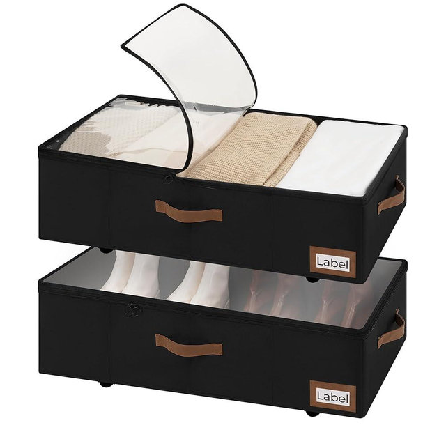 StorageWorks Under Bed Storage with Wheels, 10" Underbed Storage Containers with Lid, 90L Clothes Organizer for Blankets, Sweaters, Bedding, 2-Pack, Black