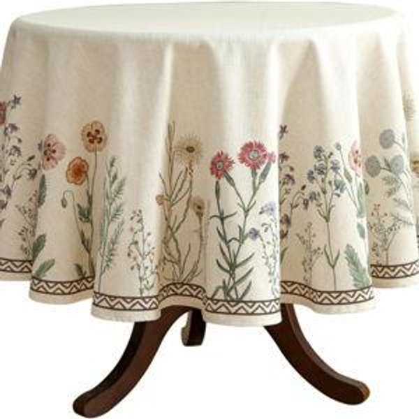 ISAENNE Designer Off White Linen Round Tablecloth,Floral Elegant Table Cloth,Stain Resistant Vintage Decor Tablecloths for Dining Thanksgiving Kitchen Christmas,Diameter 67"-Serenity G