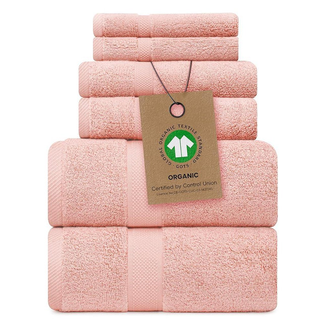 Alusa Home 100% Organic Zero-Twist Cotton Towels - GOTS Certified Luxury Bath Towels - Ultra Soft & Plush 700GSM Long-Staple Cotton - 6 Piece Towel Set (Blush Pink)