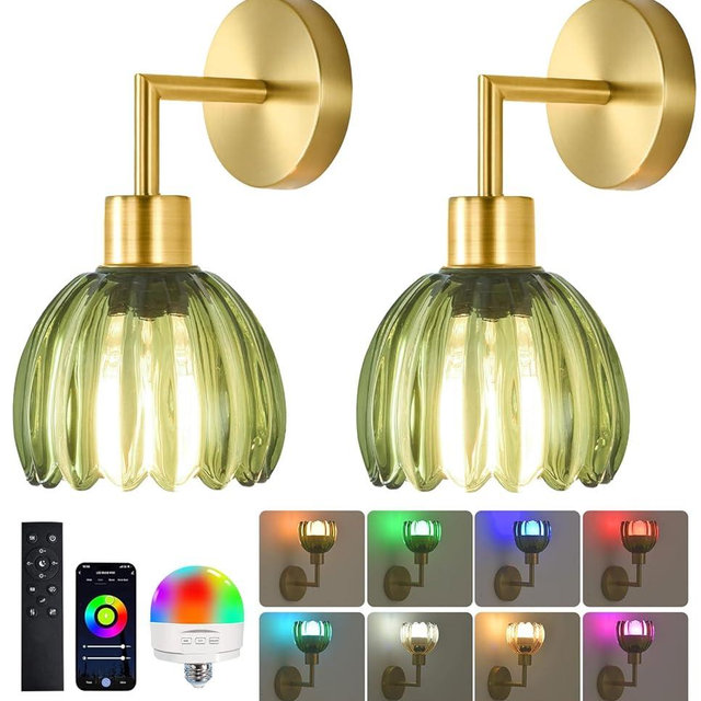 Vintage Battery Operated Wall Sconces Set of 2,Gold Wall Lights with Remote Control & Glass Lampshape,Wireless Wall Lamp 12 Color Rechargeable Battery Powered Wall Sconces for Bedroom Living Room