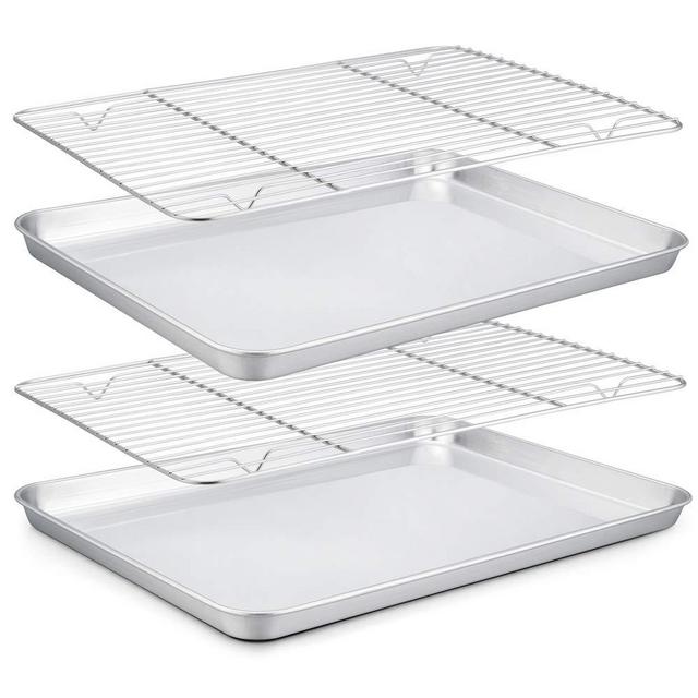 TeamFar Baking Sheet with Rack Set (2 Pans + 2 Racks), Stainless Steel Baking Pan Cookie Sheet with Cooling Rack, Non Toxic & Healthy, Easy Clean & Dishwasher Safe - 4 Pack