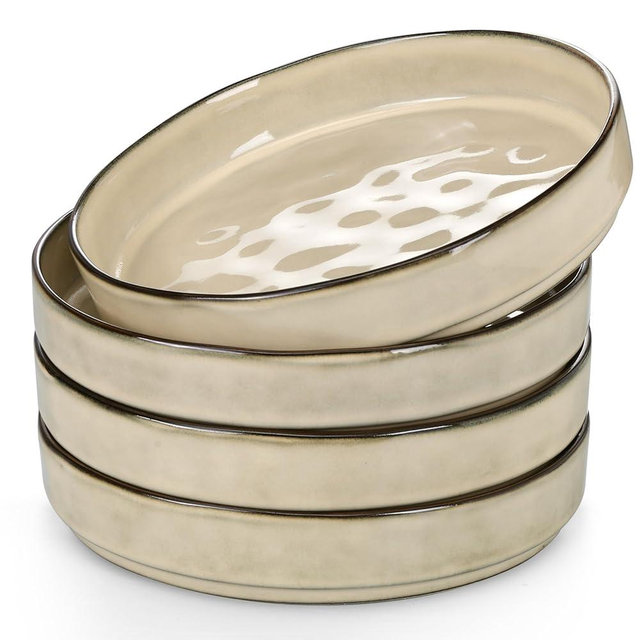 Herogo Large Wide Shallow Pasta Bowls Dishes Set of 4, 34oz Stoneware Ceramic Stackable Serving Bowl Plates for Salad Soup Cereal, Microwave & Dishwasher Safe, Cream Khaki