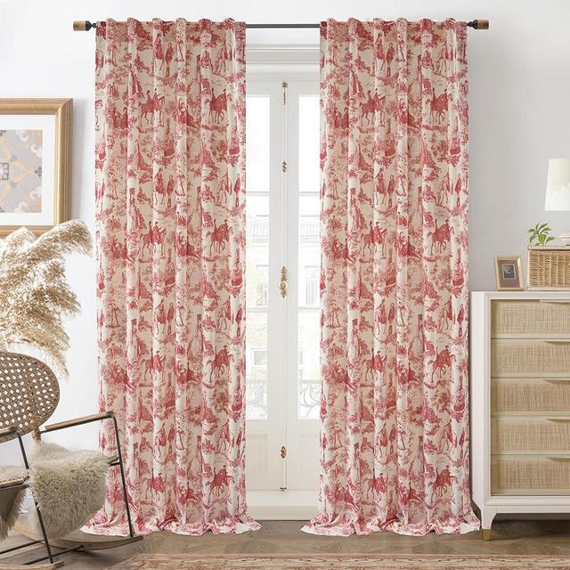 DriftAway 100% Blackout Toile Linen Curtains for Bedroom Double Layer Farmhouse French Country Vintage Printed Pattern Thermal Sound Lined Back Tab Living Room Drapes 96 inch Length 2 Panels Red