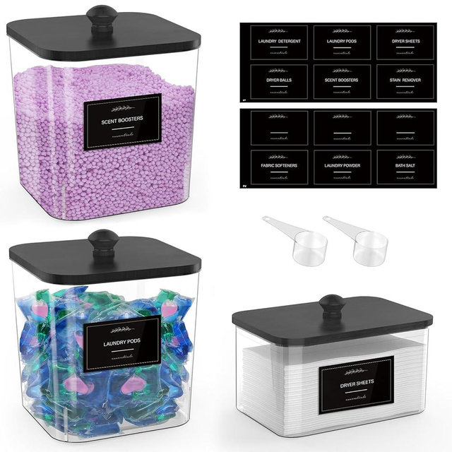 COAZEX 2+1 Pack Clear Laundry Pods Container & Dryer Sheet Holder, Plastic Square Laundry Room Organization and Storage Jars with Black Lids, Scoops & Labels for Detergent, Powder, Dryer Balls